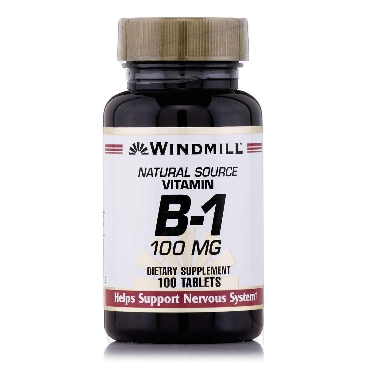 Windmill Vitamin B-1 100 mg tablets in bottle, dietary supplement for energy and nerve health, by Pasteur Pharmacy.