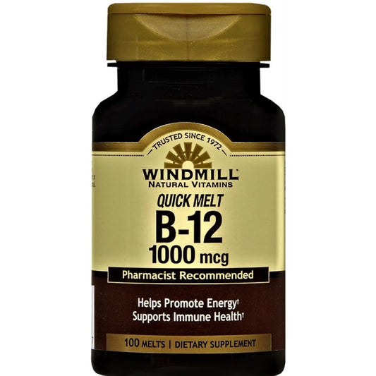Windmill Vitamin B-12 1000 mcg sublingual tablets in blister pack, dietary supplement by Pasteur Pharmacy.