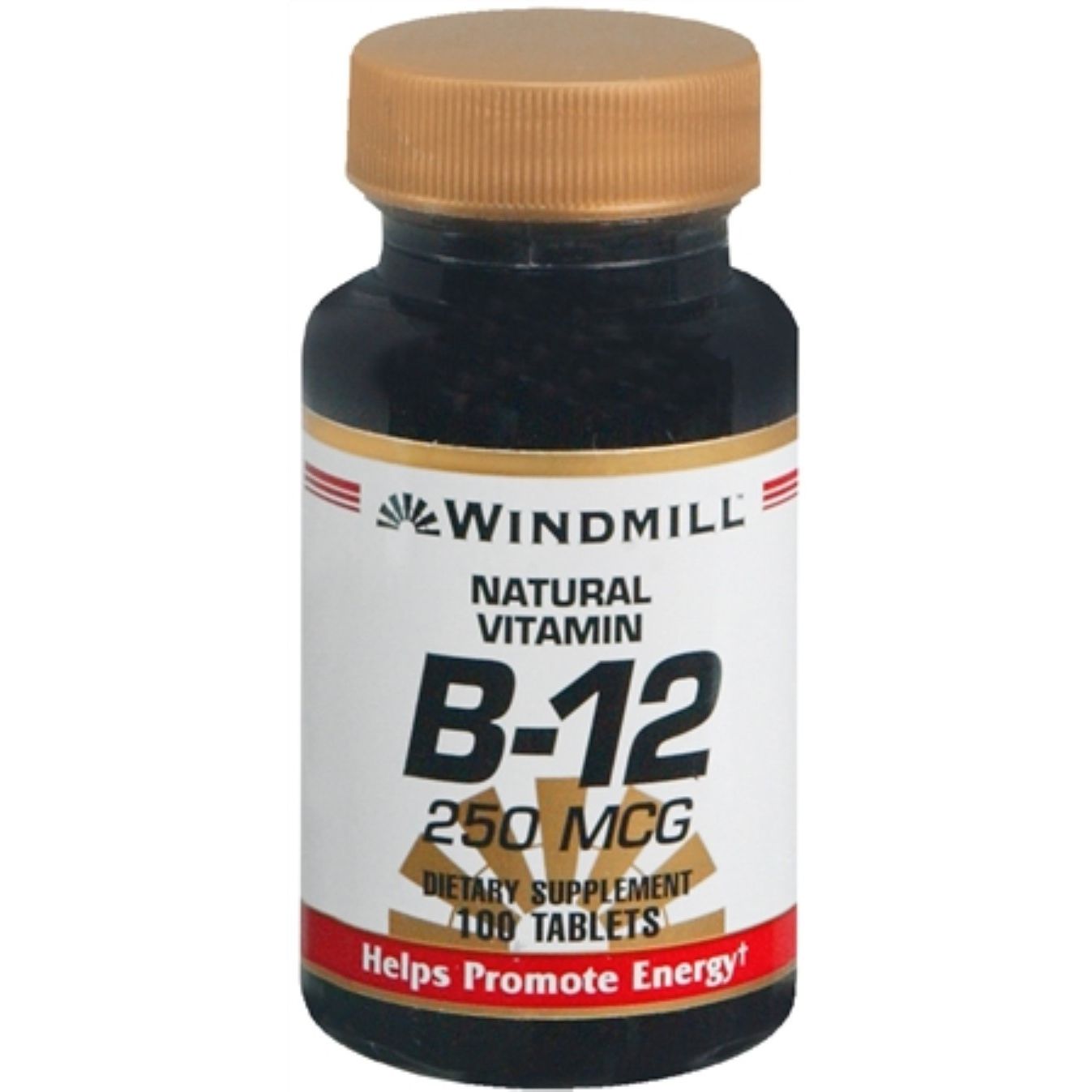 Windmill Vitamin B-12 250 mcg tablets from Pasteur Pharmacy, dietary supplement with blue and white packaging, close-up view