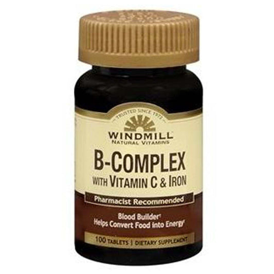 Windmill Vitamin B-Complex supplement with Vitamin C and Iron in a bottle of 100 tablets, supporting energy and vitality.