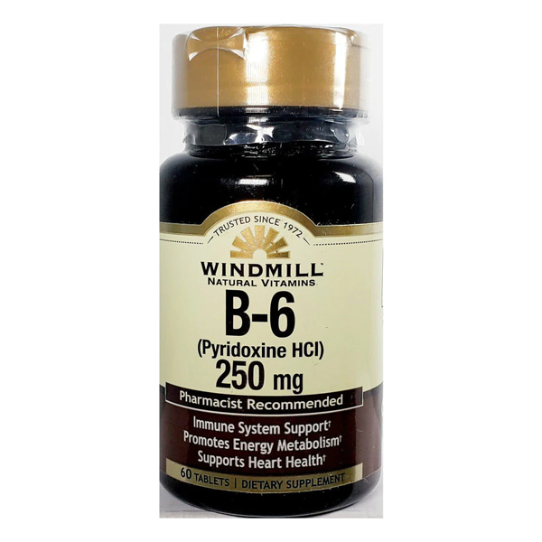 Windmill Vitamin B6 250mg supplement bottles, 60 tablets, in packaging, from Pasteur Pharmacy, within Vitamins & Supplements category.