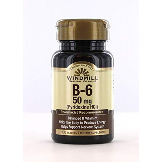 Windmill Vitamin B6 50 mg tablets in a bottle, supplement for energy and nerve health, from Pasteur Pharmacy Vitamins & Supplements.