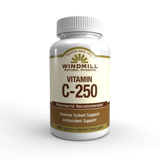 Bottle of Windmill Vitamin C 250mg tablets by Pasteur Pharmacy, showing 100 supplement tablets in a clear container.