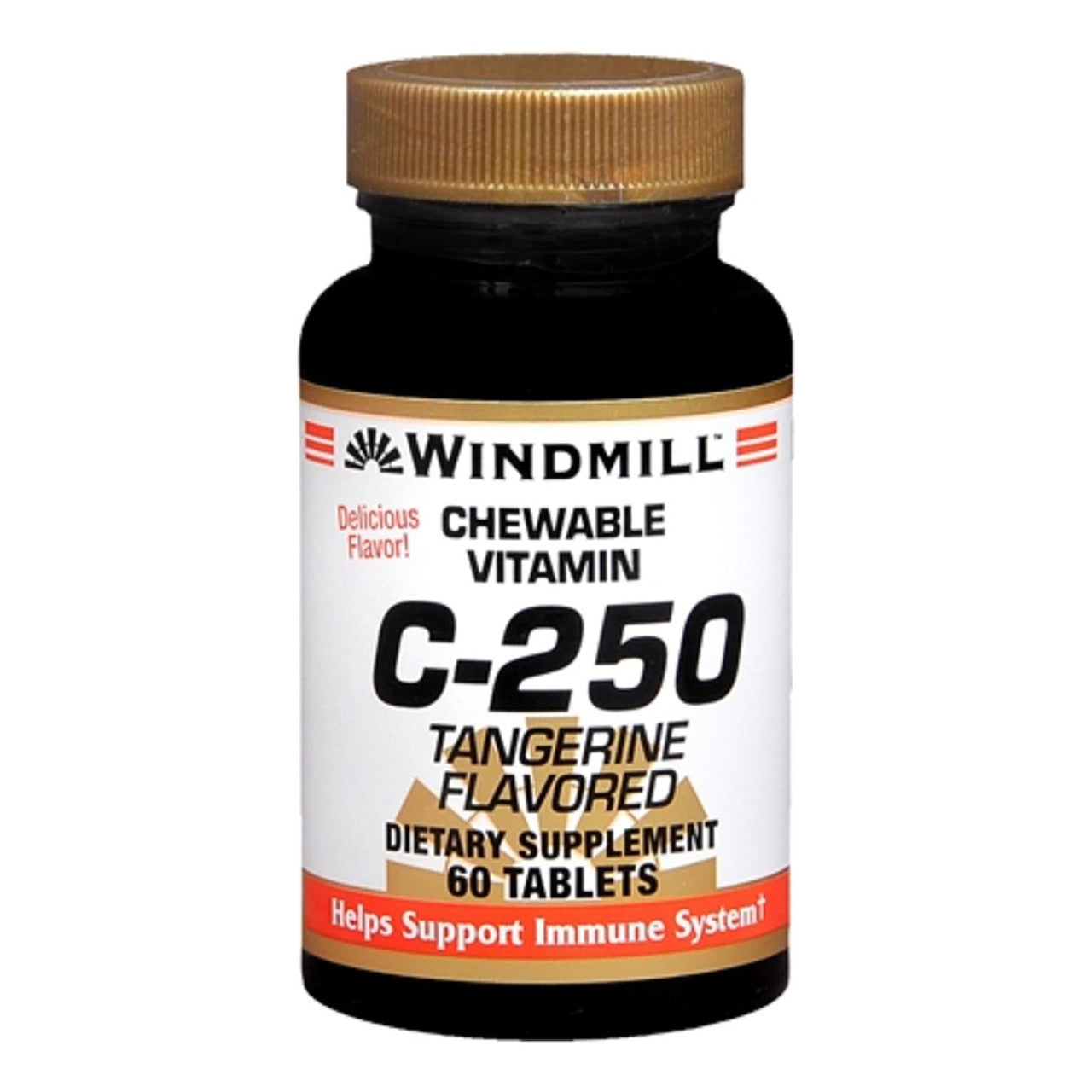 Windmill Vitamin C Chewable with 250 mg in tangerine flavor, dietary supplement from Pasteur Pharmacy, showing the chewable tablets.