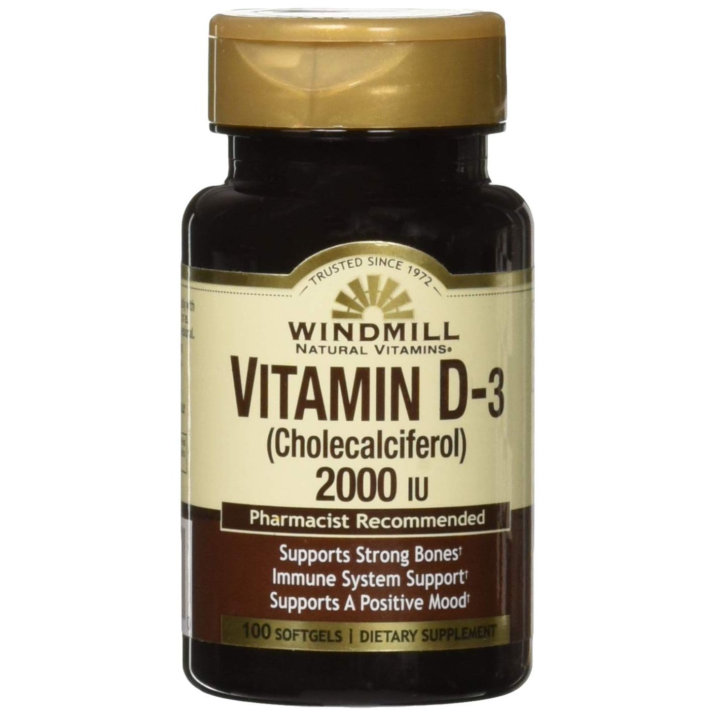 Windmill Vitamin D3 2000U softgels in a bottle, sugar-free, 100 count, dietary supplement for bone health and immune support