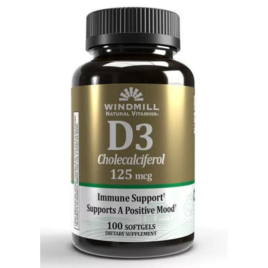 Bottle of Windmill Vitamin D3 Cholecalciferol 125 mcg supplement from Pasteur Pharmacy, showing the label and cap.