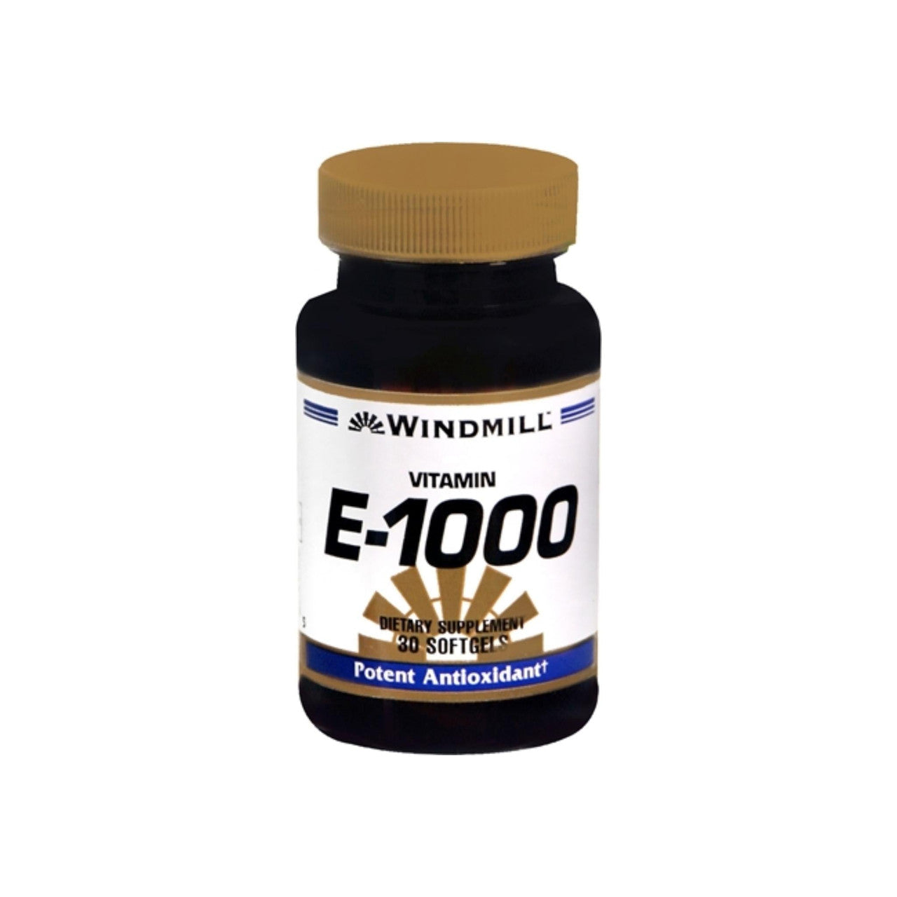 Windmill Vitamin E-1000 Softgels in a bottle, supplement for skin and immune health, from Pasteur Pharmacy, 30 soft gels.