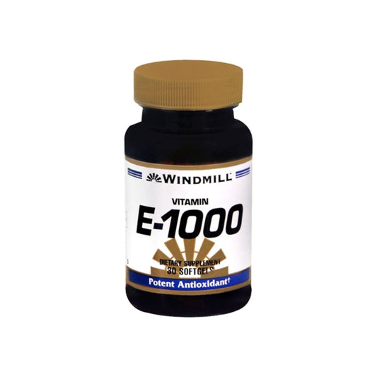 Windmill Vitamin E-1000 Softgels in a bottle, supplement for skin and immune health, from Pasteur Pharmacy, 30 soft gels.