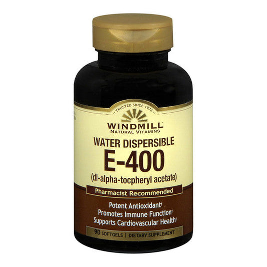 Windmill Vitamin E-400 Softgels by Pasteur Pharmacy, water dispersible vitamin supplement in a bottle of 90 soft gels.