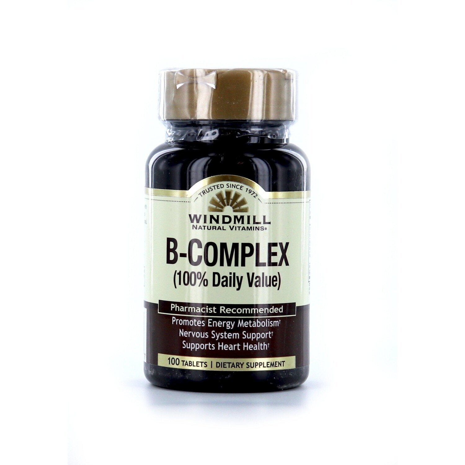 Windmill Vitamins B Complex Tablets in a bottle, supplement vitamins and minerals, from Pasteur Pharmacy, 100-count bottle.