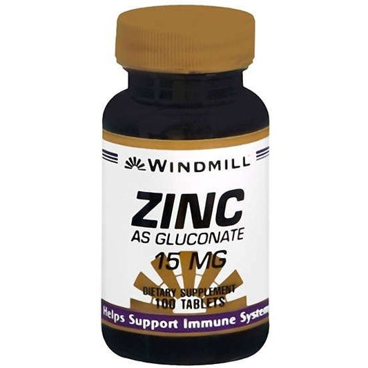 Bottle of Windmill Zinc As Gluconate 15mg vitamins and supplements from Pasteur Pharmacy, with a label displaying the product name.