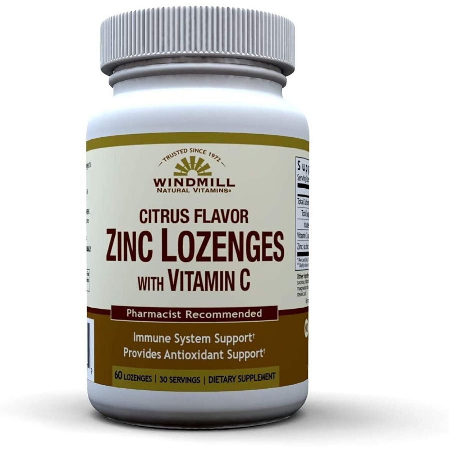 Windmill Zinc with Vitamin C Lozenges in citrus flavor, 60 count, supplement bottle with bright citrus fruit imagery.