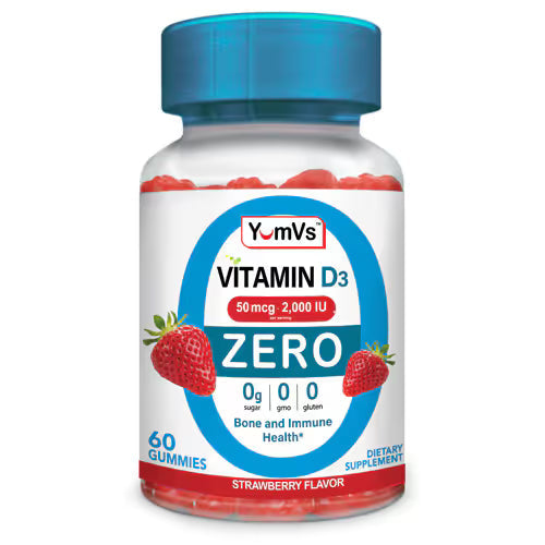 Yum V's Zero Vitamin D3 gummies from Pasteur Pharmacy, 50 mcg (2000 IU) per serving, 60 vitamin and supplement gummies.