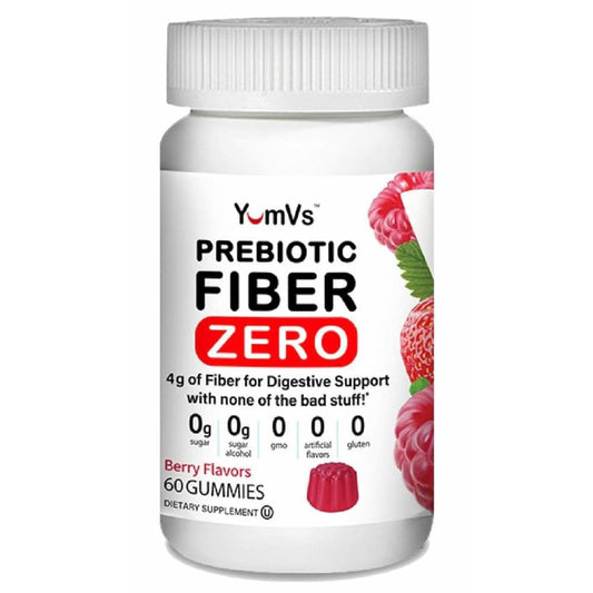 Yum Vs Prebiotic Fiber Zero Gummies in berry flavors, vitamin and supplement by Pasteur Pharmacy, colorful berry-flavored gummy bottles