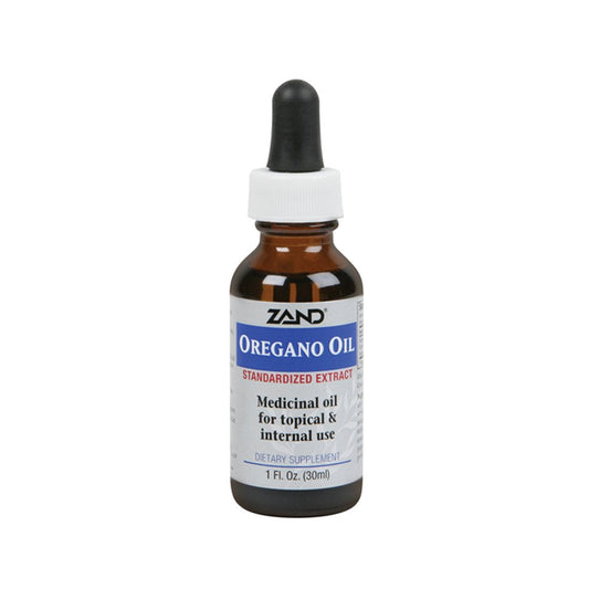 Bottle of Zand Oregano Oil Standardized Extract supplement in a clear glass container, with a white label and dropper cap.
