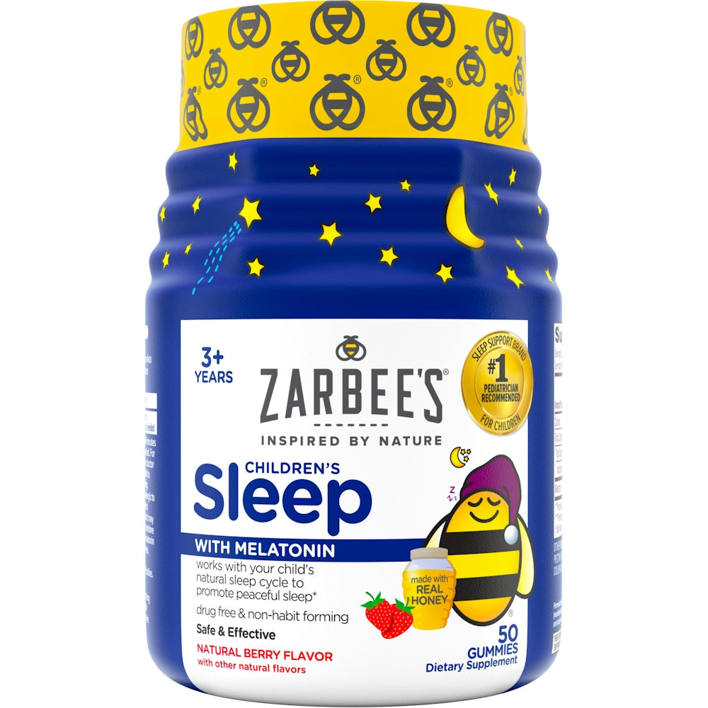 Zarbee's Children's Sleep Melatonin Gummies in natural berry flavor, 50 count, vitamin supplement for kids.