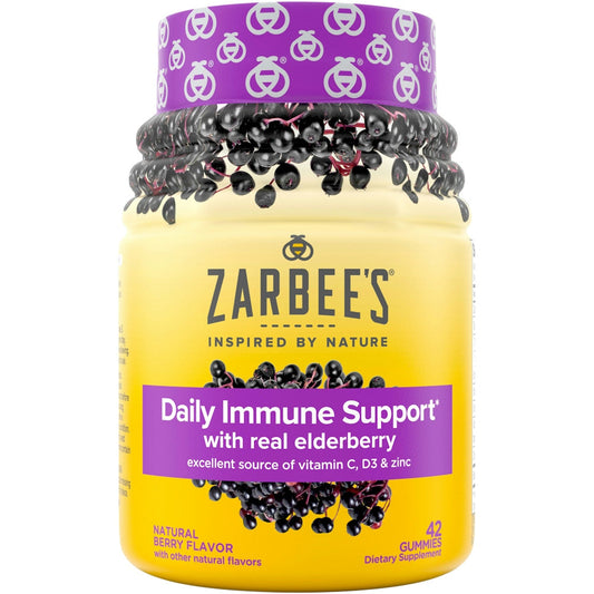 Zarbee's Daily Immune Support Elderberry Gummies in a colorful bottle, designed to boost immunity with natural elderberry ingredients.