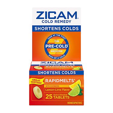 Zicam Cold Remedy Rapidmelts with Echinacea Lemon-Lime in a blister pack, dietary supplement for cold relief, 25 chewable tabs.