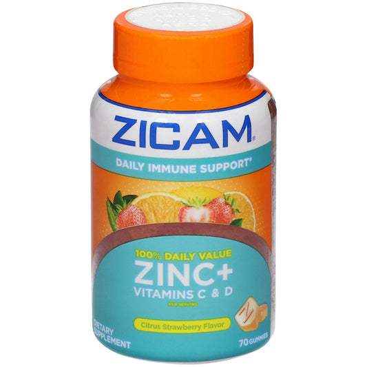Zicam Zinc, Vitamin C & D gummies in citrus strawberry flavor, dietary supplement with colorful gummies on a white background.