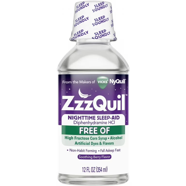 ZzzQuil Nighttime Sleep Aid liquid in 12 oz bottle, alcohol-free with soothing mango berry flavor, from Pasteur Pharmacy.