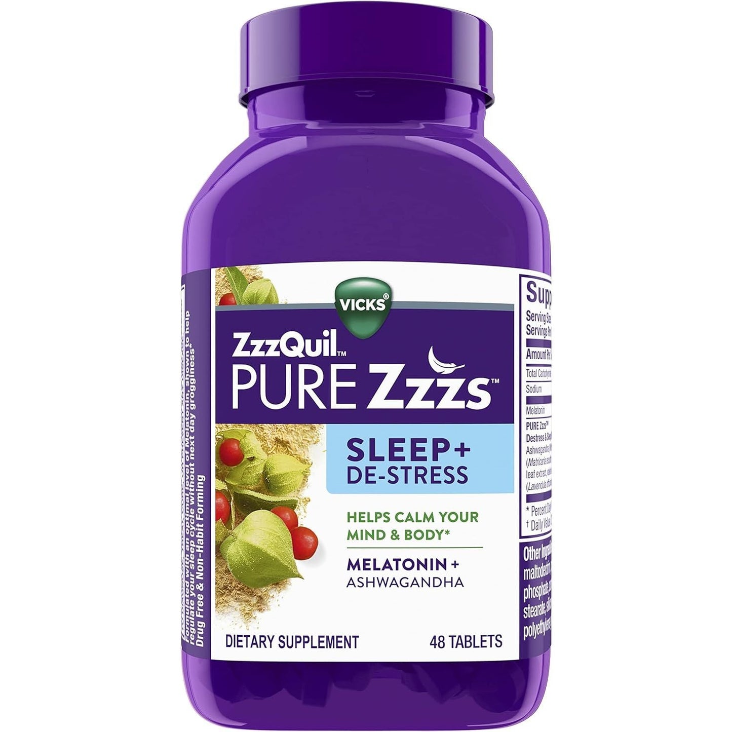 ZzzQuil PURE Zzzs De-Stress Melatonin Sleep Aid tablets in a bottle, supplement for better sleep, 48 count, from Pasteur Pharmacy