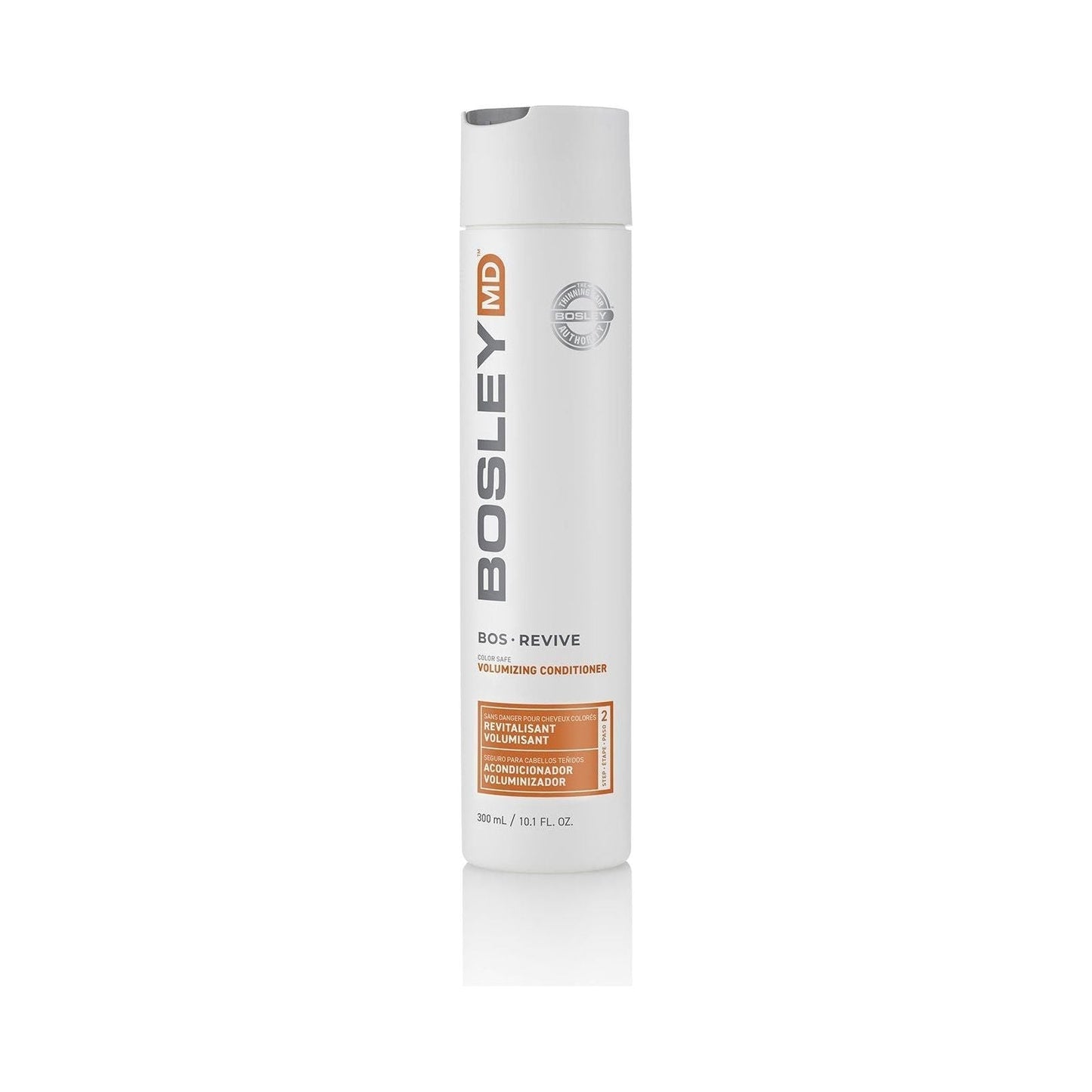 Bosley MD Bos Revive Volumizing Conditioner 300 mL bottle, creamy texture, with label showing brand and product name.