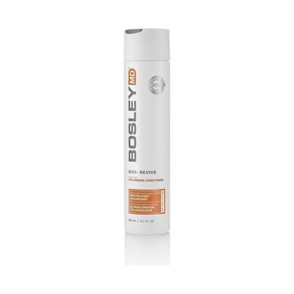 Bosley MD Bos Revive Volumizing Conditioner 300 mL bottle, creamy texture, with label showing brand and product name.