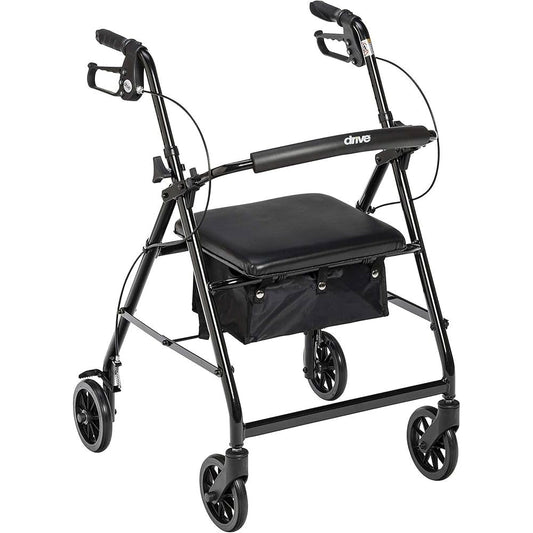 Black aluminum folding rollator walker with 6-inch wheels, lightweight and portable for mobility assistance.