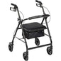 Black aluminum folding rollator walker with 6-inch wheels, lightweight and portable for mobility assistance.
