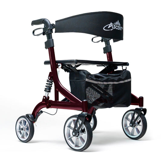 Euro-style Brandywine Rollator walker from Ascent, with a sturdy frame, comfortable seat, and handlebars for easy mobility.