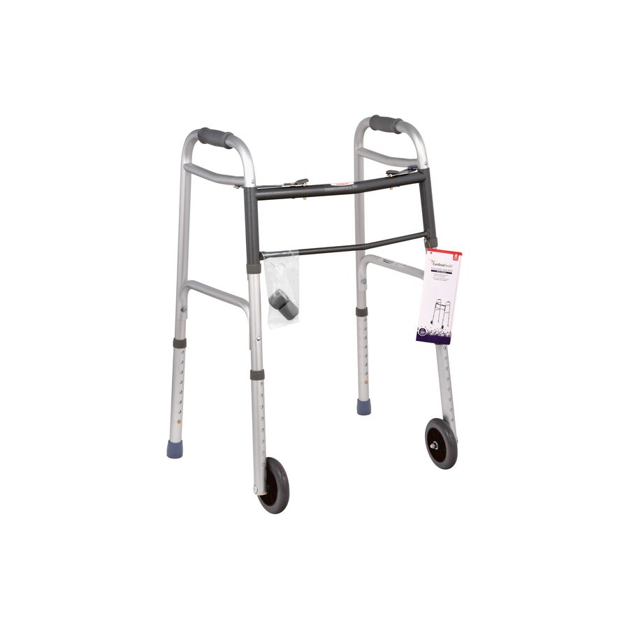 Gray folding walker with wheels by Cardinal Health, featuring a sturdy frame and comfortable hand grips for mobility assistance.