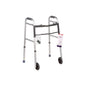 Gray folding walker with wheels by Cardinal Health, featuring a sturdy frame and comfortable hand grips for mobility assistance.