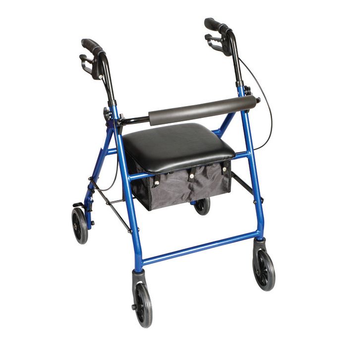 Carex Classics rolling walker in metallic blue with sturdy frame, hand brakes, and four wheels for mobility assistance.