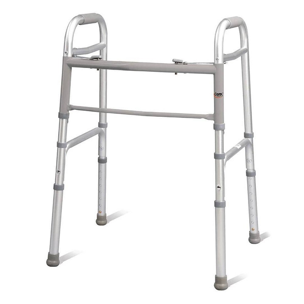 Carex folding walker with adjustable height and sturdy frame, designed for mobility assistance and easy portability.