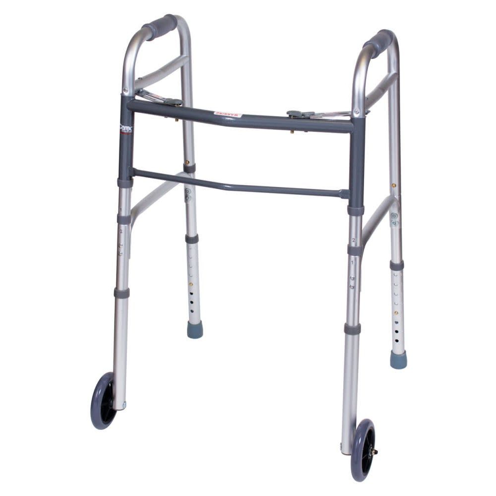 Carex Folding Walker with wheels from Pasteur Pharmacy showing a lightweight, portable mobility aid with adjustable height and sturdy frame.
