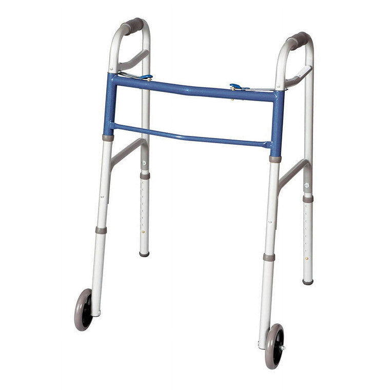 Carex Two Button Walker with wheels from Pasteur Pharmacy, lightweight mobility aid with ergonomic design and easy button operation.