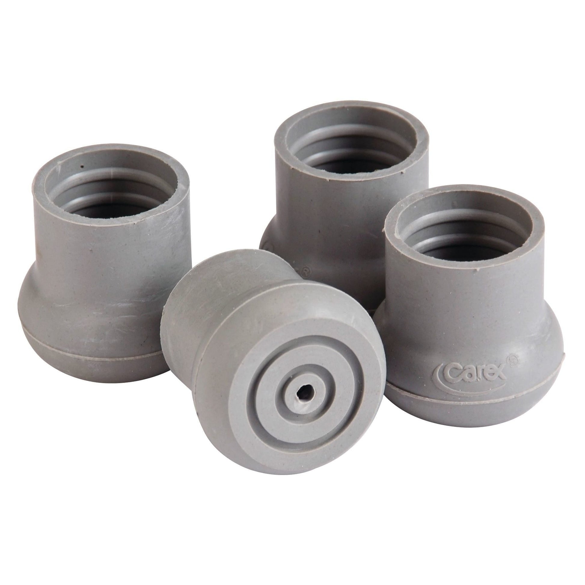 Carex universal tips for walkers, bath and shower seats, shown attached to a walker handle with textured grip for safety and stability.