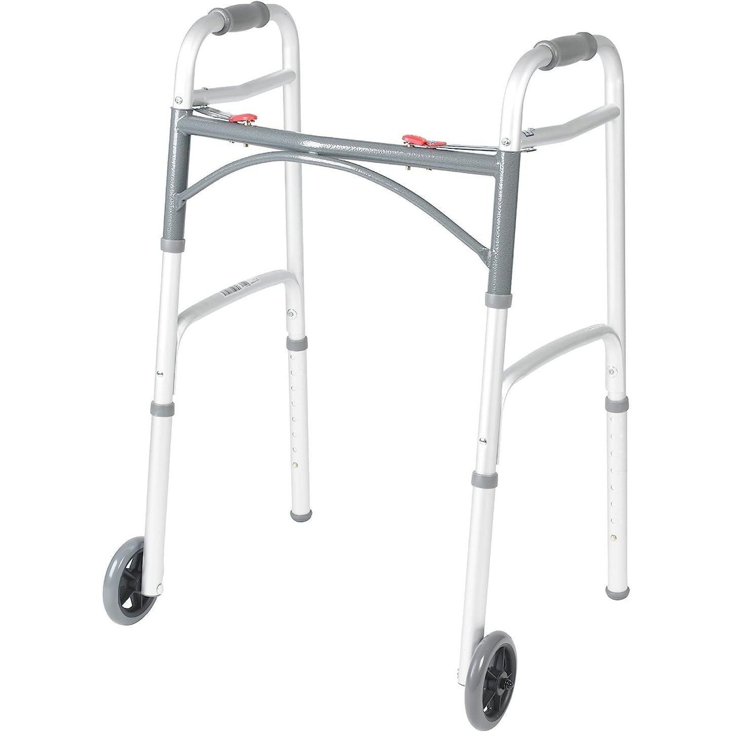 Drive Medical 2-button folding walker with wheels, lightweight mobility aid, designed for easy use and portability.