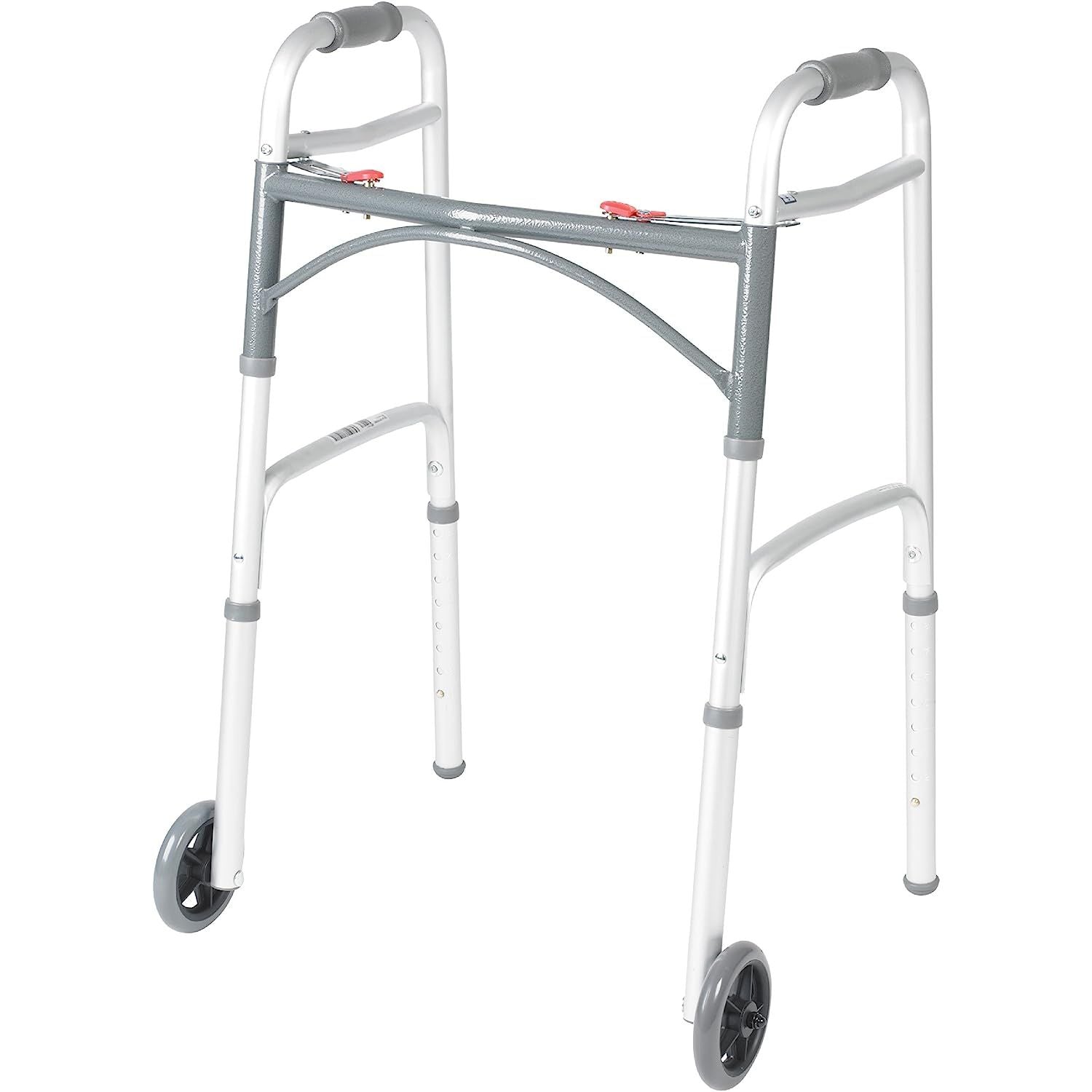 Drive Medical 2-button folding walker with wheels, lightweight mobility aid, designed for easy use and portability.