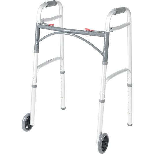 Drive Medical 2-button folding walker with wheels, lightweight mobility aid, designed for easy use and portability.