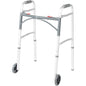 Drive Medical 2-button folding walker with wheels, lightweight mobility aid, designed for easy use and portability.