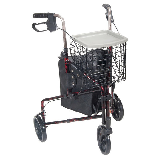 Drive Medical 3-wheel walker rollator in flame red with basket, tray, and pouch for easy mobility and support.