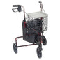 Drive Medical 3-wheel walker rollator in flame red with basket, tray, and pouch for easy mobility and support.
