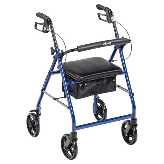 Drive Medical blue rollator walker with fold-up removable back support and padded seat, ideal for mobility assistance.