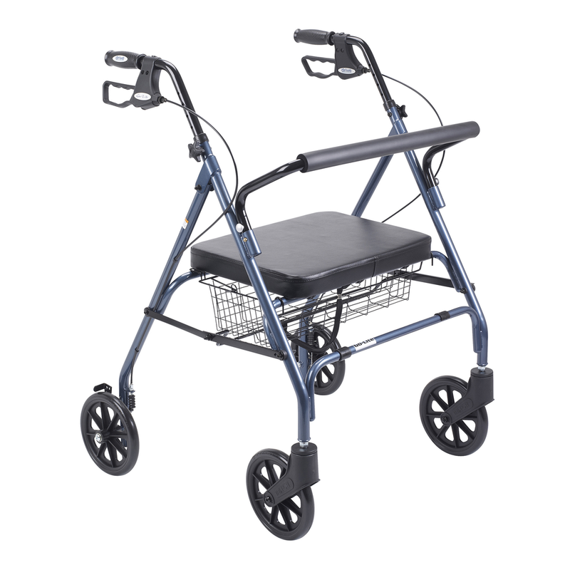 Drive Medical bariatric blue rollator walker with large padded seat, heavy-duty frame and ergonomic handles for stability and comfort.