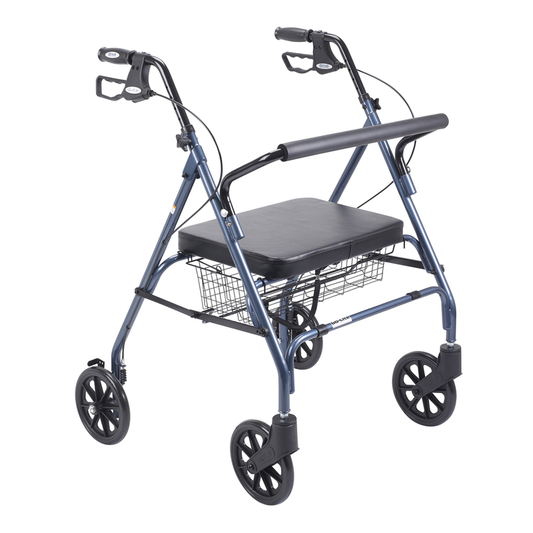 Drive Medical bariatric blue rollator walker with large padded seat, heavy-duty frame and ergonomic handles for stability and comfort.