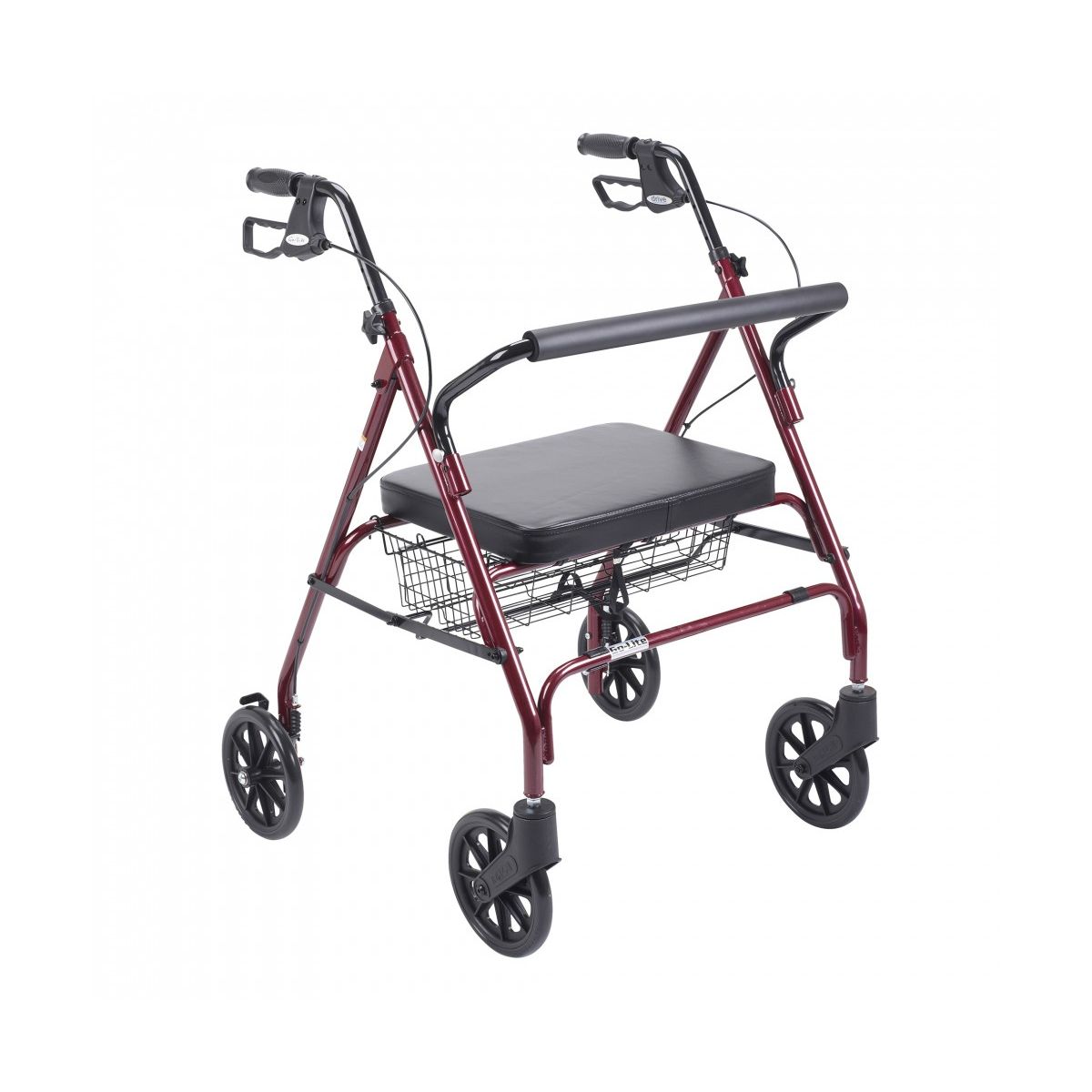 Drive Medical heavy-duty bariatric red rollator walker with large padded seat, sturdy frame, and ergonomic handles for support.
