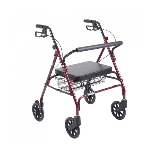 Drive Medical heavy-duty bariatric red rollator walker with large padded seat, sturdy frame, and ergonomic handles for support.