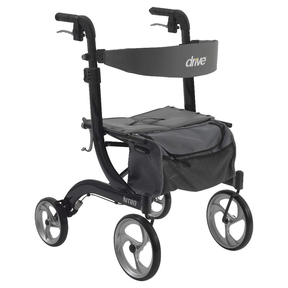 Drive Medical Nitro Euro Style Walker Rollator in black with four wheels and adjustable height for enhanced mobility and support.