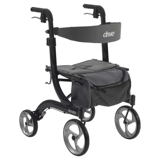 Drive Medical Nitro Euro Style Walker Rollator in black with four wheels and adjustable height for enhanced mobility and support.